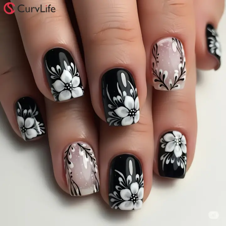 Curvlife short squoval floral False Nails patterns prints black glossy shiny Easy Apply Nail Art