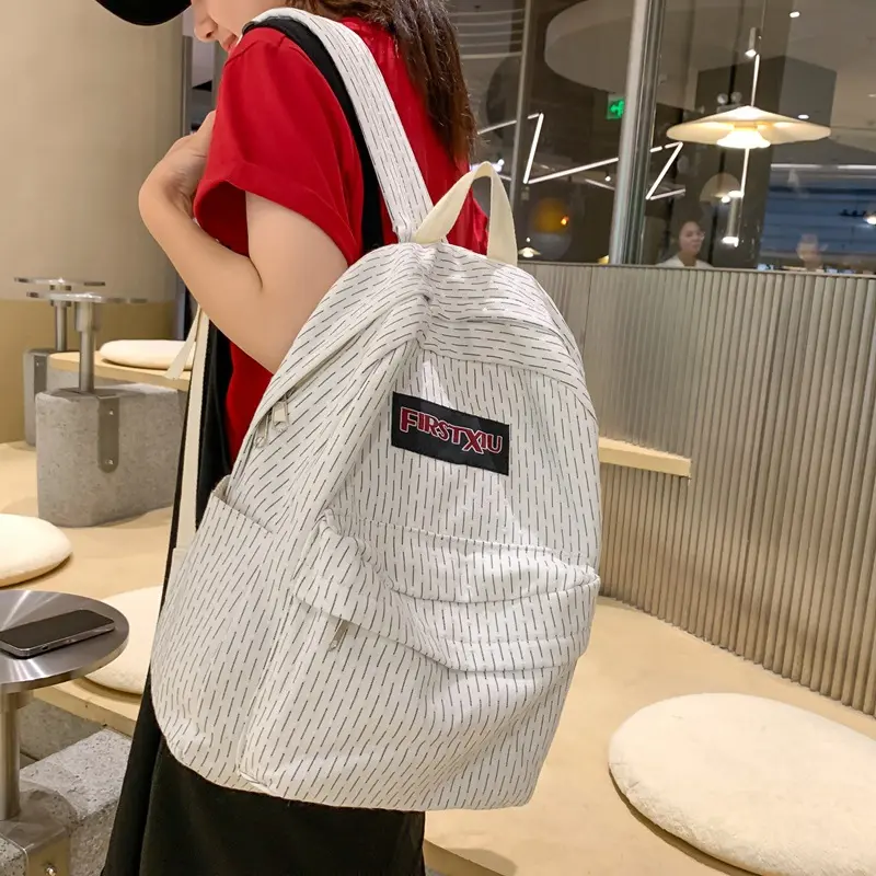 Striped Canvas Backpack Korean Aesthetic School Bag for Teen Girls Large Capacity Casual Daypack