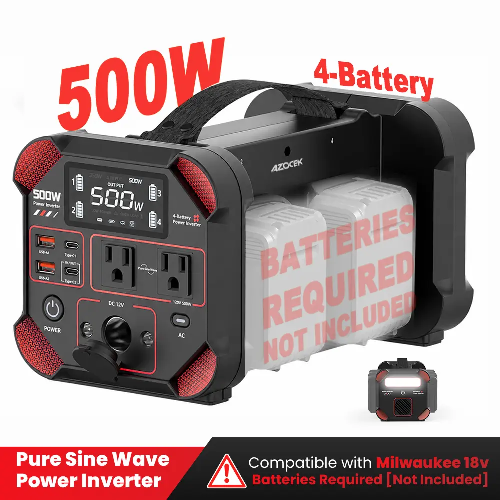 Azocek 500W Portable Power Station Compatible with Milwaukee 18V, 4-Battery Inverter to 120V AC Pure Sine Wave, 140W USB-C Fast Charger, 9 Ports, 800LM Light for Jobsite & Backup Power [Battery Not Included]