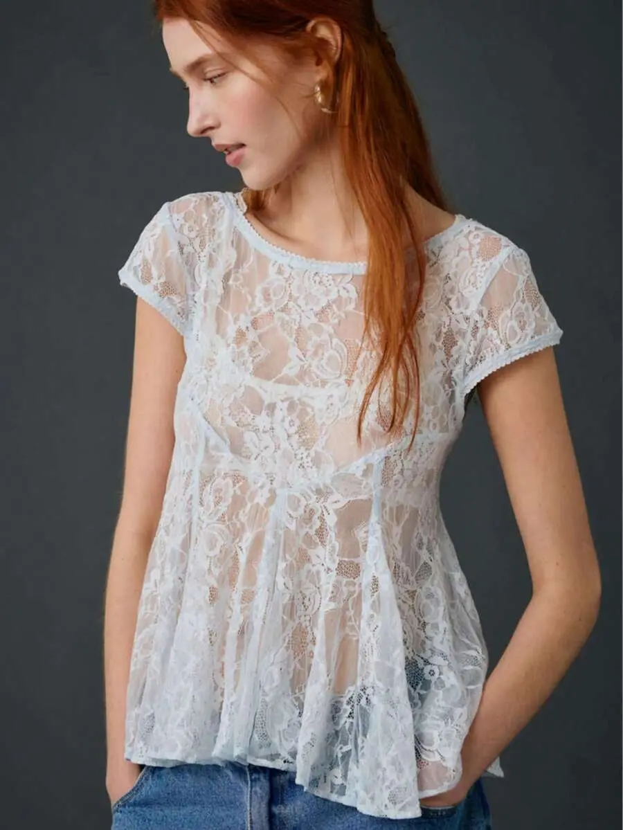 Women's Casual Elegant Sexy White Pleated Lace Backless Blouse Summer