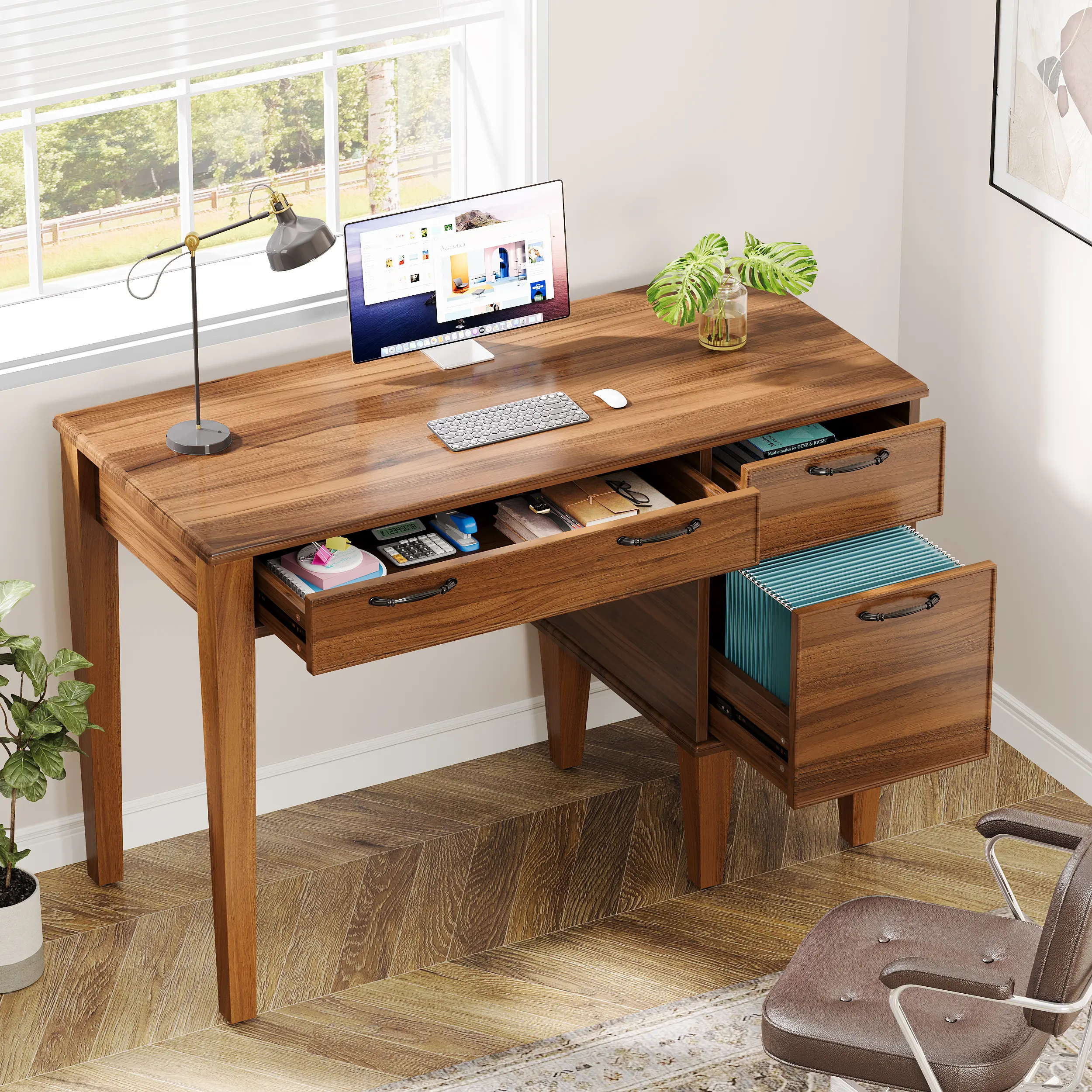 LITTLE TREE 47" Wood Computer Desk with 3 Drawers, Farmhouse Small Office Desk with File Drawers, Writing Table with Storage for Home Office, Bedroom, Study Room