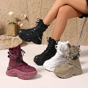 Chic Women’s High-Top Sneakers – Trendy Lace-Up Platform Shoes with Thick Sole, Faux Fur Trim & Fabric Upper for All Seasons