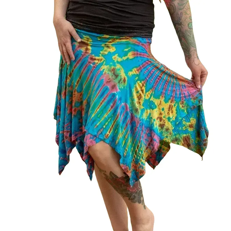 Rainbow Fairy Skirt Tie Dye Gypsy High Waisted Knee Length Festival Wear Plus Size Pixie Hippie Skirt for Women
