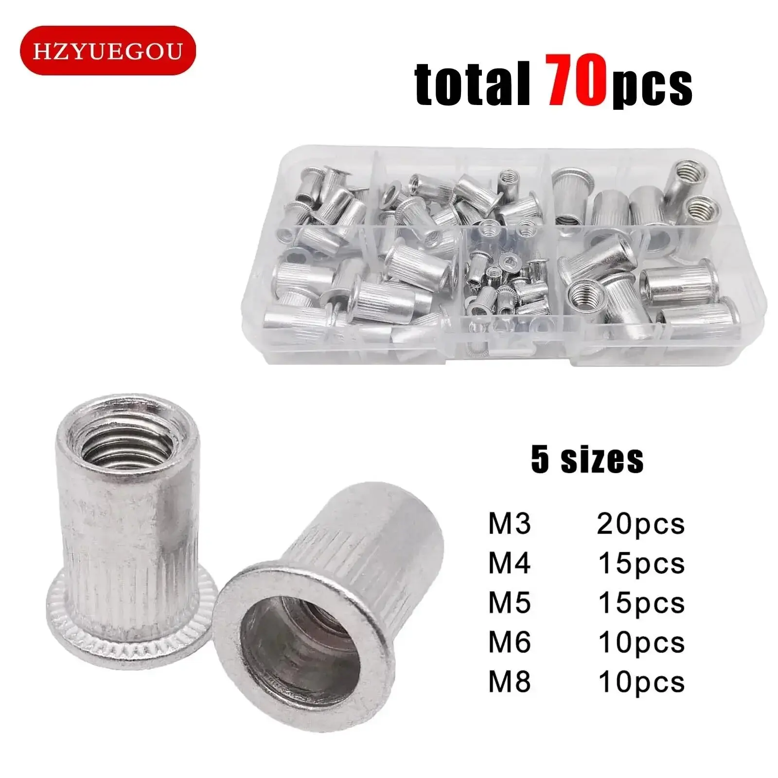 70Pcs Rivet Nuts Assortment Kit, 304 Stainless Steel Flat Head Blind Rivet Nuts, 5 Sizes M3 M4 M5 M6 M8 Threaded Insert Rivnuts with Storage Case for Metal Sheet Aluminum Plate DIY Repair