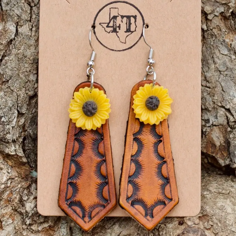 Hand Tooled Leather Pointed Taper Earrings with Decorative Charms