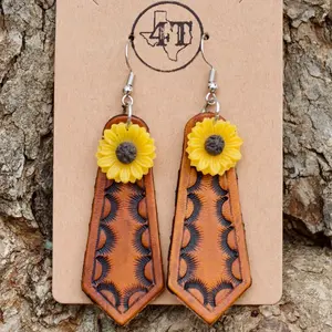 Hand Tooled Leather Pointed Taper Earrings with Decorative Charms