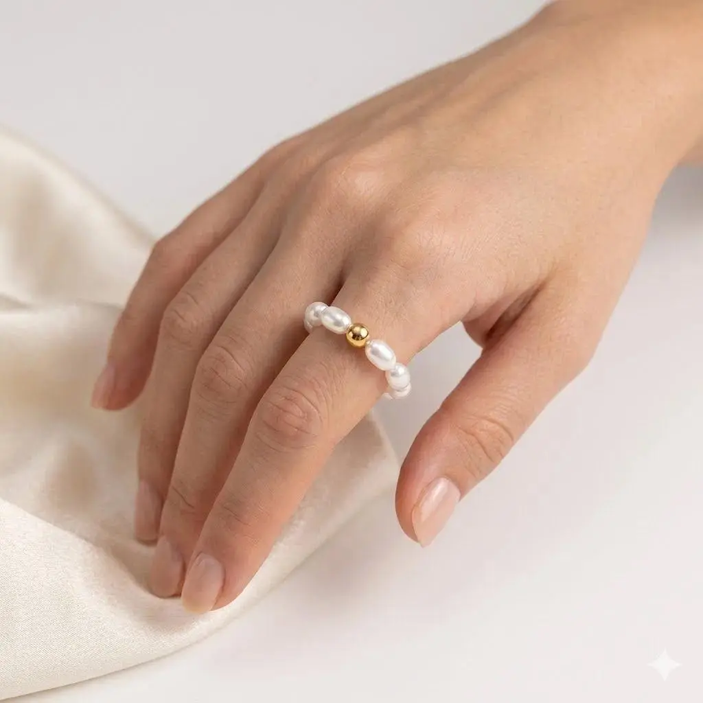 St-Delan Pearl Beaded Stretch Ring for Women 18K Gold Plated Metal Ball Elastic Stackable Rings Anti Stress Jewelry Gift