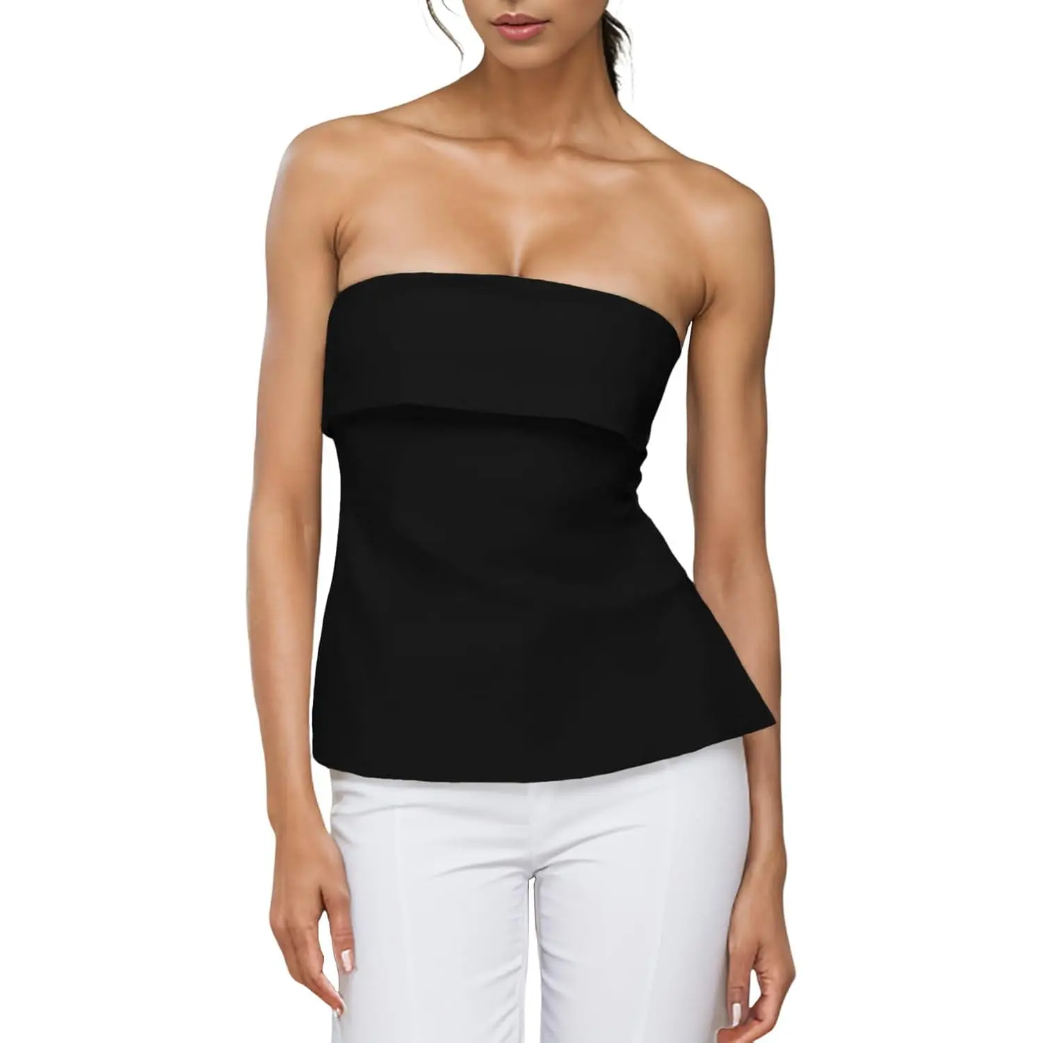Women's Solid Backless Bandeau Bustier, Seamless Strapless Underwire Minimizer Bra for Summer Off-Shoulder Outfits, Halter Bra, Wired, Double Layer, Strapless Halter