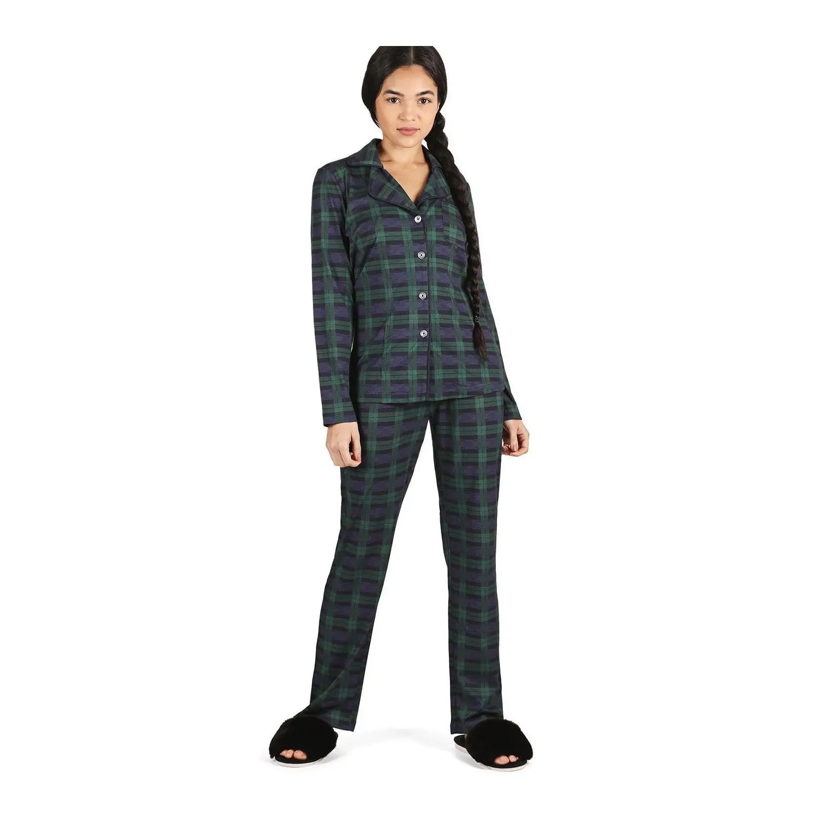 Memoi Women's Plaid Button-Up Notch Collar Pajama Set