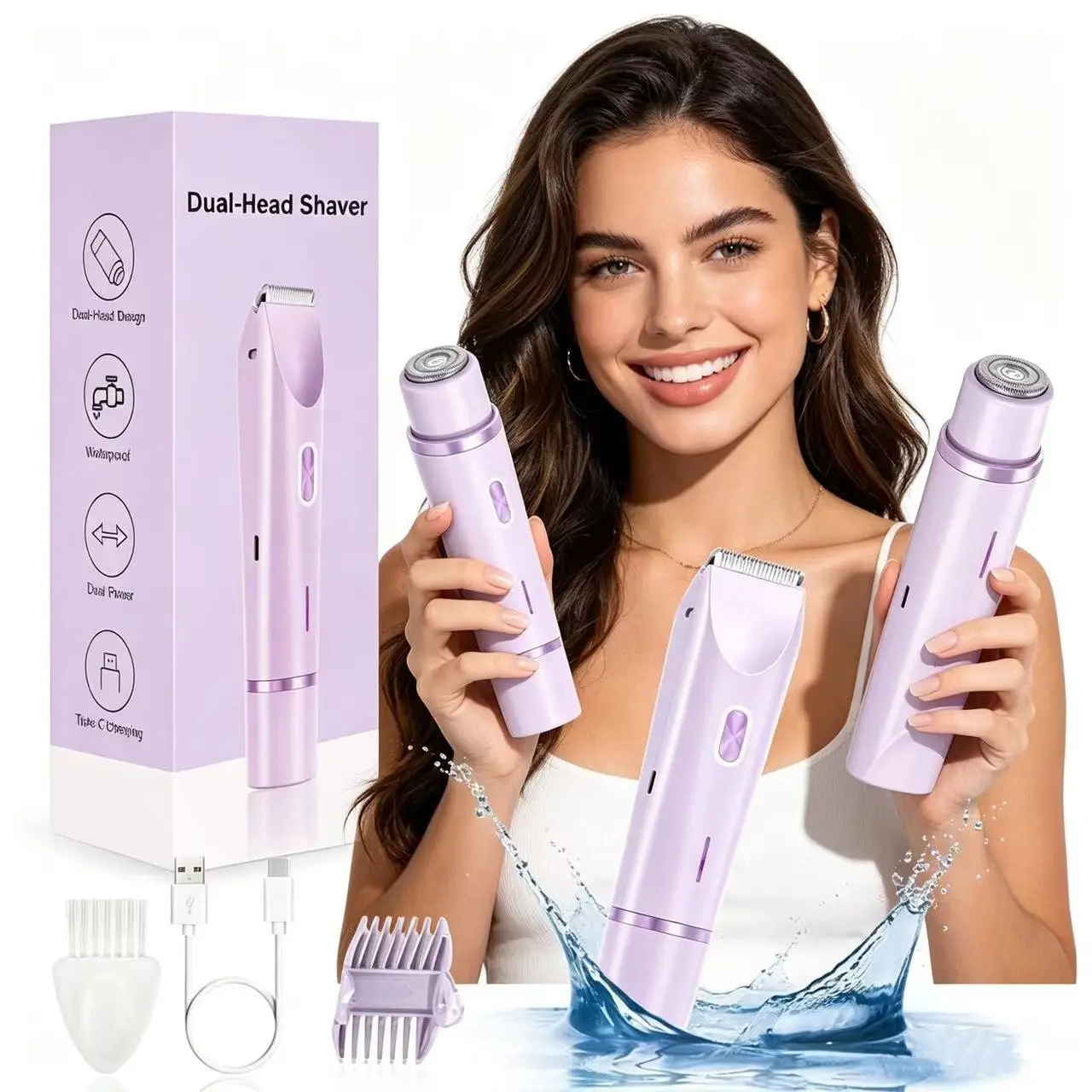 Women's Electric Razor Dual Head Bikini Trimmer, Waterproof Body Hair Clipper, Face Hair Remover, Hair Removal Trimmer for Bikini, Armpit, Leg, Arm, Waterproof Rechargeable Trimmer, Cordless Trimmer