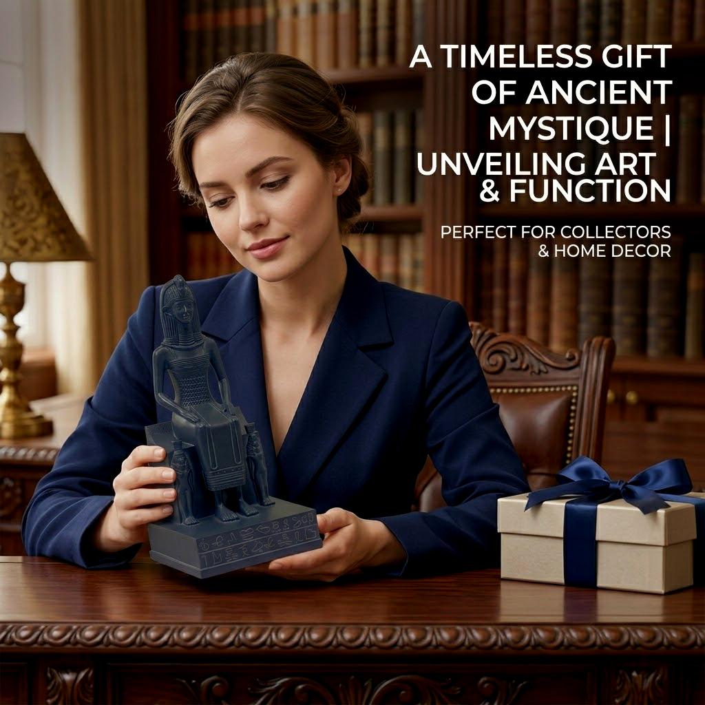 Ancient Egyptian Goddess Isis Seated on Throne Statue - Black Resin Nefertari Queen Sculpture with Hieroglyphic Base | Divine Feminine Home Decor, Spiritual Altar Figurine | Large Mythological Collectible Art Gift