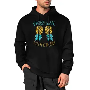 Men's Sweatshirt Funny Upside Down Pineapple Print Long Sleeve Drawstring Pocket Casual Hoodie, Autumn/Winter Men's Clothing
