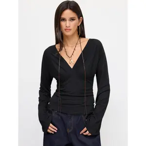 Cider V-neck Solid Tie Back Bell Sleeve Top