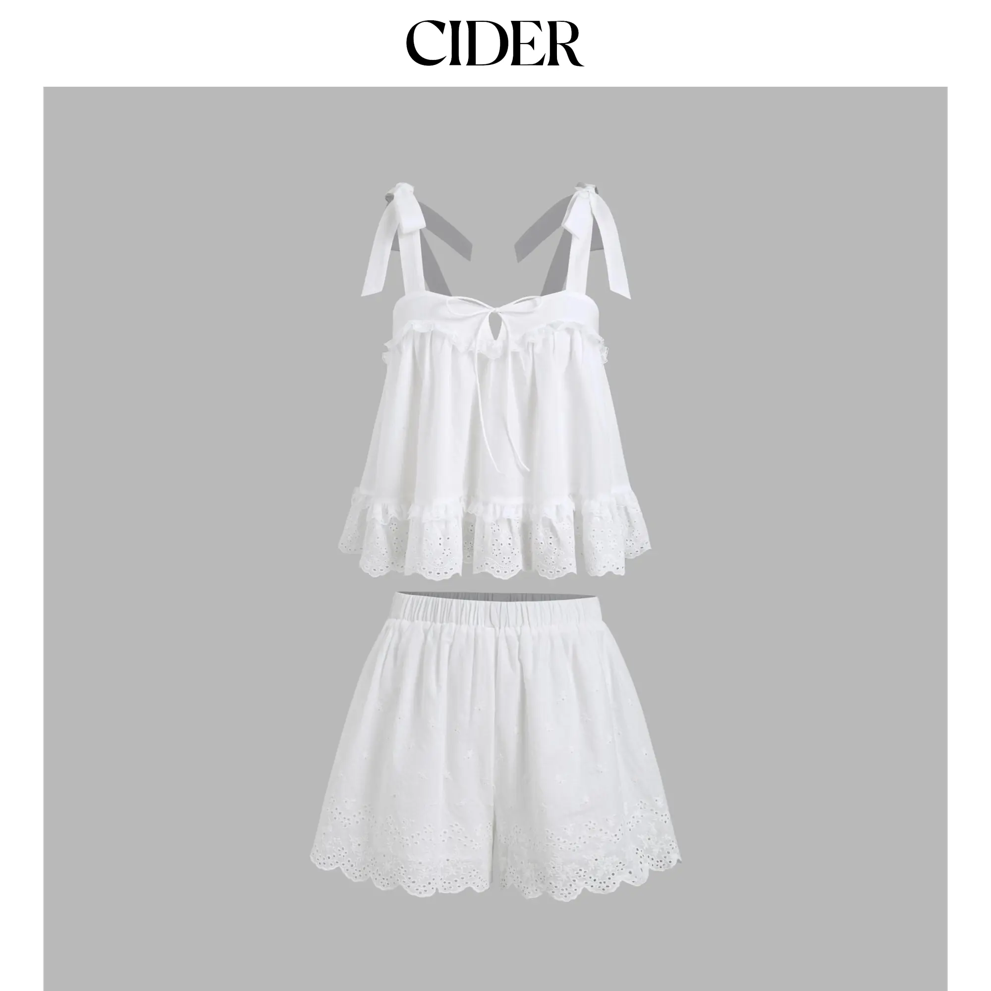 Cider Women's Basic Broderie Anglaise 2-Piece Set, Sleeveless Cotton Top with Lace Trim and Bowknot, Mid Rise Elastic Waist Shorts, Casual Basic, Cotton Woven