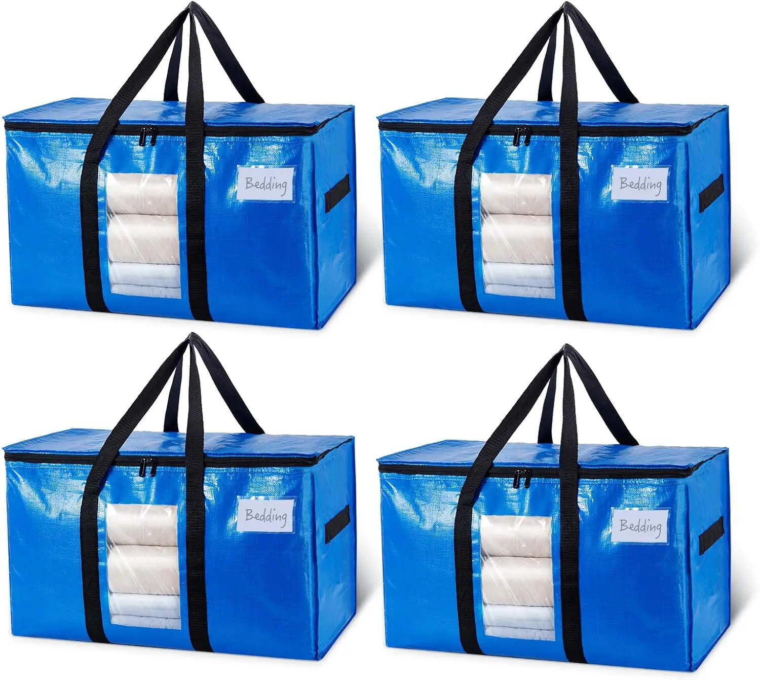 4 Pack Blue Extra Large Moving Bags,Storage Bags with Visible Window |   93L Heavy Duty Totes For Storage,Wrap Around Handles,Alternative to Moving Boxes, College Dorm,Perfect for Moving