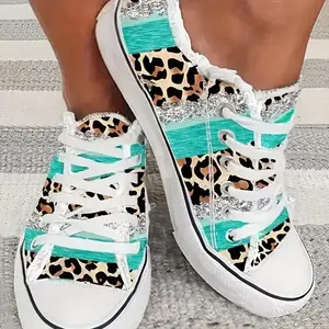 [Leopard Print Sneakers] Leopard Print Women's Casual Sneakers - Lightweight Fabric Upper, Raw Trim Detail, Lace-Up Low Tops with Rubber Sole, Round Toe, All-Season Wear, Teal Stripe Design