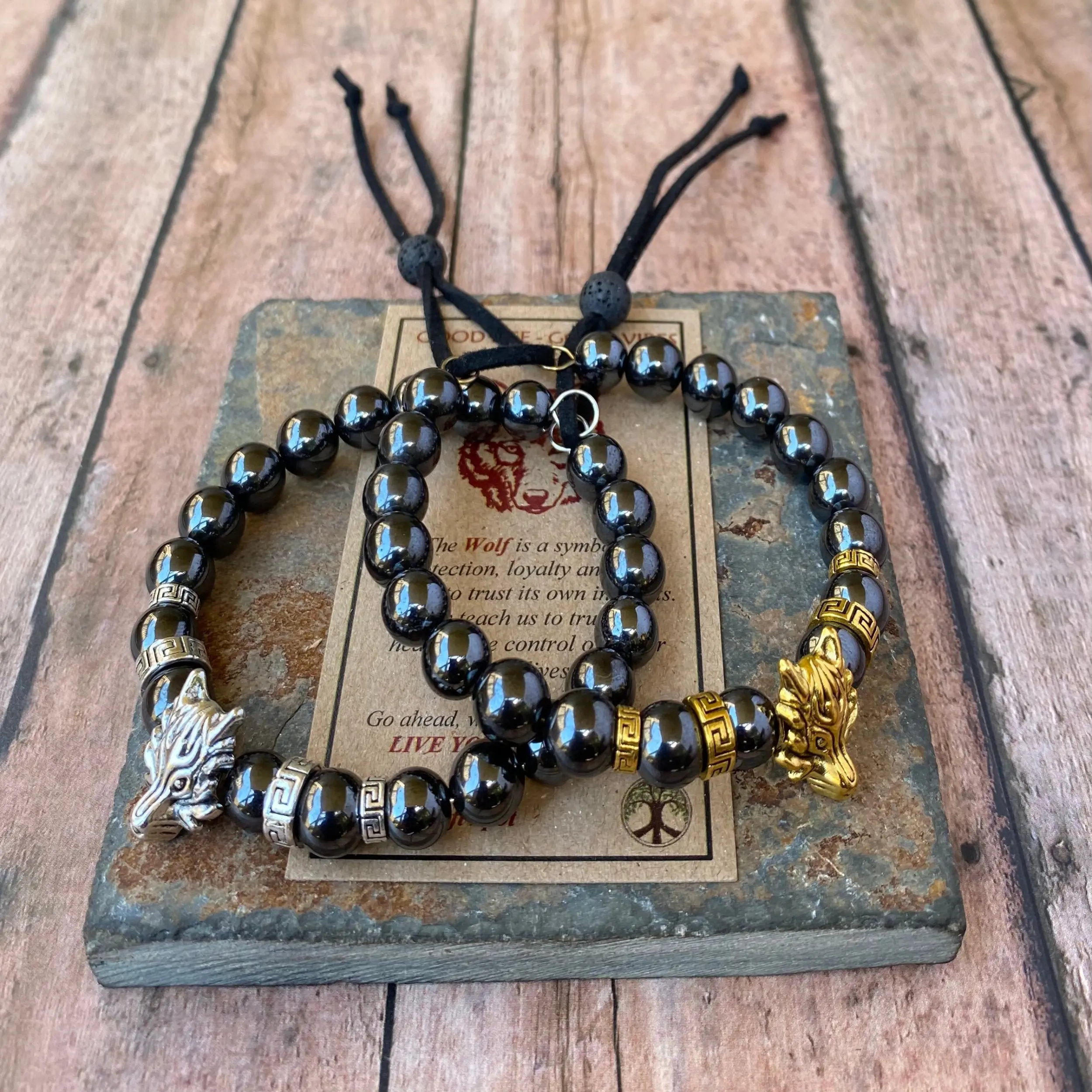 Grey Hematite Wolf Bracelet, Adjustable Bracelet, Beaded Bracelet Men, Gift for Him, One Size Fits Most, Father's Day Gift