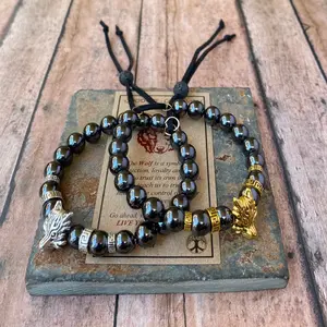 Grey Hematite Wolf Bracelet, Adjustable Bracelet, Beaded Bracelet Men, Gift for Him, One Size Fits Most, Father's Day Gift