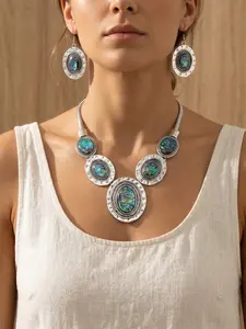 Western Abalone Shell Necklace and Earrings Set - Vintage Silver Color Statement Jewelry with Faux Oyster Shell Inlay - Bohemian Snake Chain Necklace for Women & Cowgirl Fashion Gifts