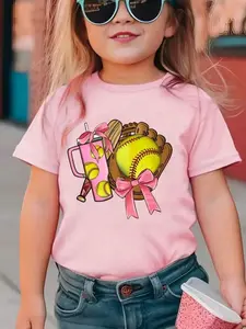 Toddler Girls Softball Graphic T-Shirt - Cute Pink Cup & Glove Print Short Sleeve Cotton Tee