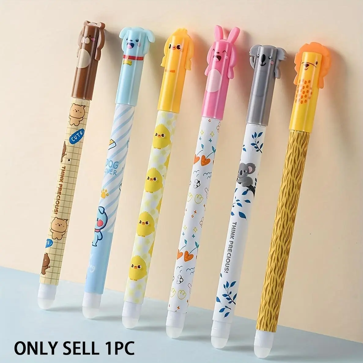 Blue Refill Erasable Gel Pen with Cute Animal Toppers and Refills - Includes 6 Assorted Designs, Smooth Writing Experience for School or Office, Cute Pens