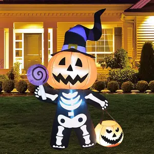 6 Ft Halloween Inflatable Pumpkin Skull Body, Outdoor Decorations, Blow Up Yard Pumpkin with Leds, Garden Lawn Party Decor