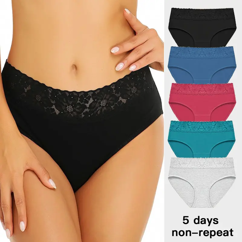 Women's Cotton Hipster Underwear Mid Rise Plus Size Panties,Lace splicing panties at waist, full wrap panties at hips, Breathable and soft panties for women,Multi 5-Pack S-XXL