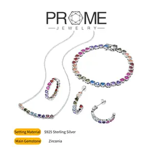 S925 Sterling Silver Rainbow Earrings, Necklace, Ring, and Bracelet Set Sparkling and Charming, Elegant and Noble, Ideal Gift for Women’s Daily Wear