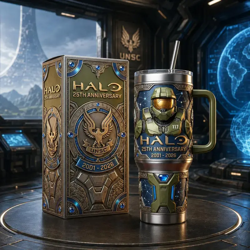 30oz/ 40oz / 20oz Halo 25th Anniversary 40oz Stainless Steel Insulated Tumbler, Dark Fantasy Animated Movie Theme Cup With Handle, Curious Blue-Haired Heroine Fan Gift