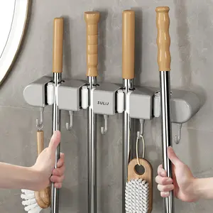 Broom Mop Holder with Hooks Wall Mounted Broom Storage Rack No Drilling Self-Adhesive Mop Broom Organizer Mop Holder Hanger for Bathroom Office Kitchen Closet Garage