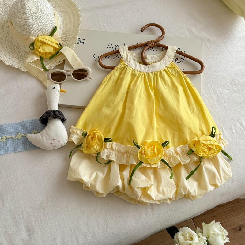 Girls' 2-Piece Cotton Casual Clothing Set, 9M-7Y Cute Rose Motif Cutout Tank Top & Balloon Pants, CPSIA-Safe Softness Summer Streetwear for 3–7 yrs Toddlers
