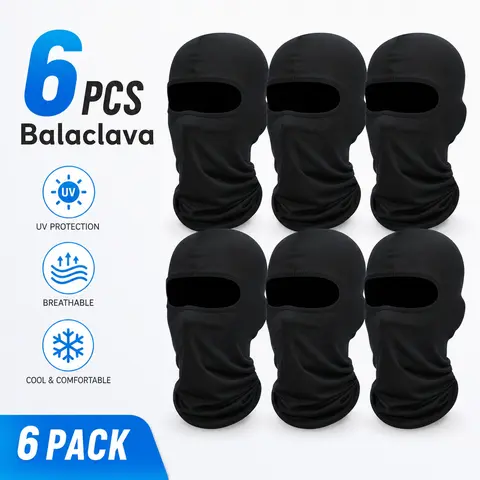 Black Balaclava (6-Pack Black), Unisex Polyester-Spandex Elastic Windproof Dust-Block Face Mask, Stretchable, Warm in Winter, Cool in Heat, Sun/UV Shield, Face+Neck+Ear Cover, Breathable, Easy Wear, One Size Fits All for Outdoor Sports, Motocross Headwear
