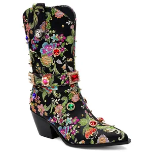 RONILURN Women's Sparkly Rhinestone Cowboy Boots Floral Embroidery Western Cowgirl Mid Calf Booties for Concert Festival Night Out