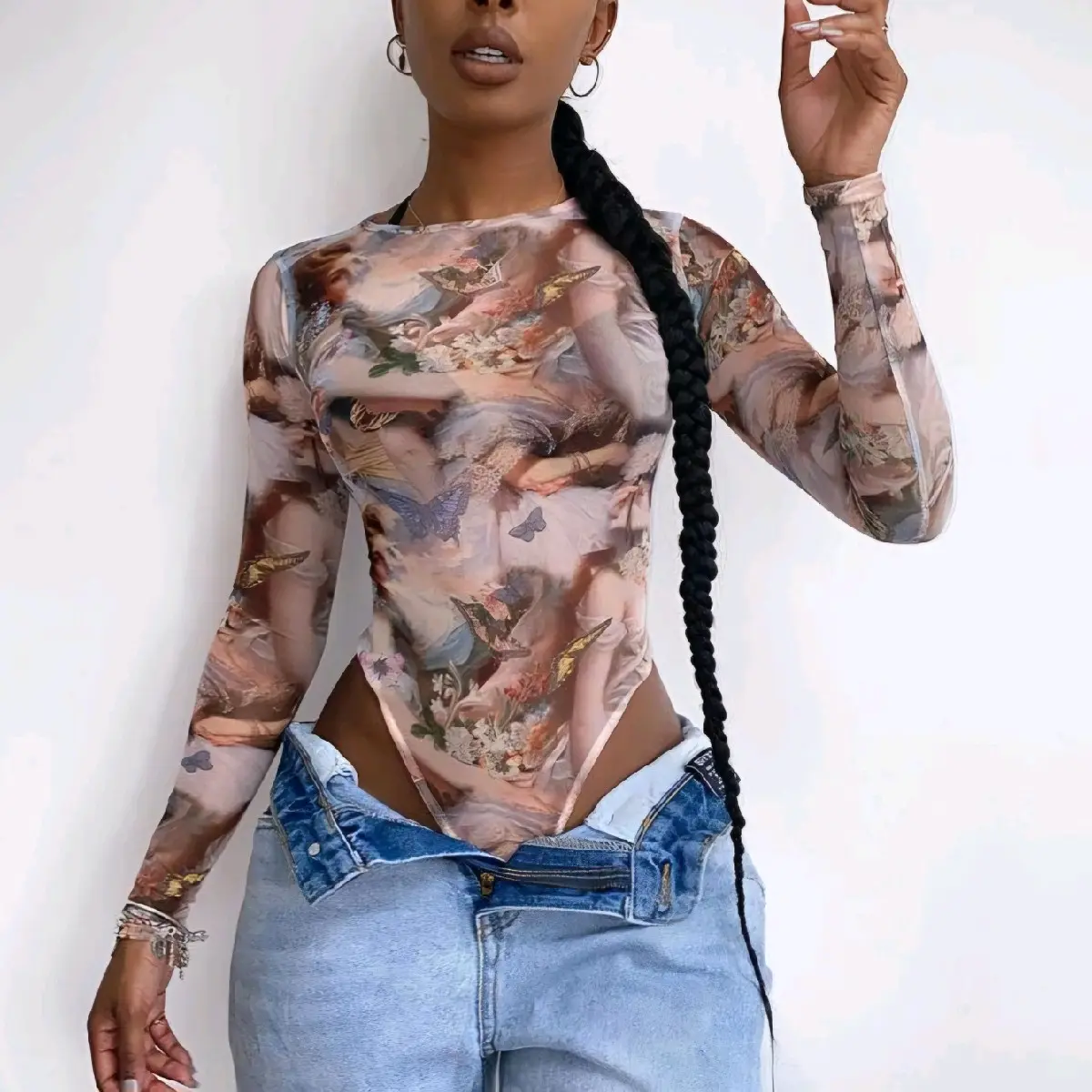 Women's Vintage Floral Bodysuit, Longsleeves Round Neck Top with a Fitted Cut, Romance Style Blouse for Cool Weather Evening Wear, Floral Pattern, Full Print