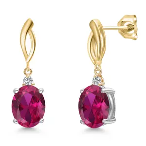 925 Silver and 10K Yellow Gold Red Created Ruby and Lab Grown Diamond Dangle Earrings for Women | 6.13 Cttw | Gemstone July Birthstone | Oval 10X8MM
