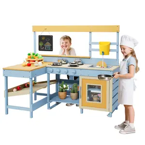 Wooden Outdoor Mud Kitchen for Kids 2 in 1 Play Kitchen with Built in Picnic Table Toy Backyard Sensory Water Play Center with Working Tap Removable Sink Double Sided Chalkboard Outside Garden Play Set for Toddlers