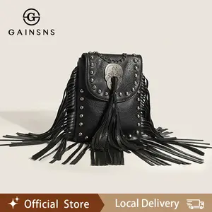 GAINSNS Vintage Fringe Crossbody Bag For Women, Women's Skull Rivet Shoulder Bag, Bohemia Tassel Mobile Phone Bag, Magnetic Closure