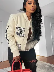 Sheik Apparell Vintage Bomber Jacket for Women - Black & White Retro Lettering Golden Zipper White Piping Trim Structured Collar Unisex Casual Outerwear for Fall/Winter