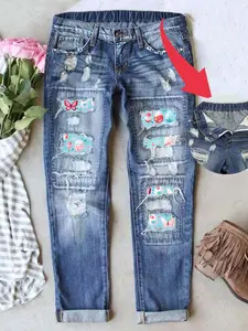 Women's Patch Ripped Distressed Mid-Waist Boyfriend Fit Washed Cute Easter Eggs Floral Print Loose Denim Jeans Elastic Waistband Breathable Comfy for All Seasons