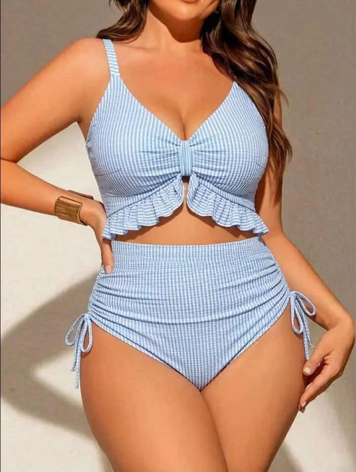 Plus Size Women One-Piece Swimsuit Blue V-Neck Adjustable Straps Drawstring Waist Ruffle Hem Swimwear Beach Vacation