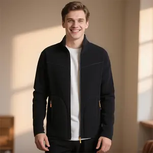 Men's Black Fleece Jacket - Lightweight & Warm, Stand Collar + Zipper Pockets, Perfect for Autumn & Winter