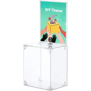 Tall  Donation Box with Lock, 6.7" x 5" x 8", Clear Suggestion Box with Slot and Lock, Ballot Box with Sign Holder, Plastic Raffle Box Storage Container for Fundraising Voting Charity