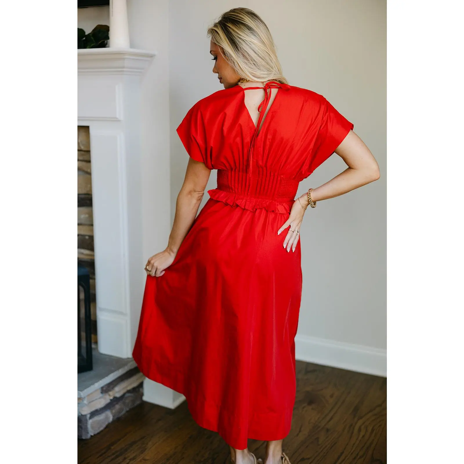 Juliet Red Smocked Gold Zip-Up Midi Dress - TikTok Shop