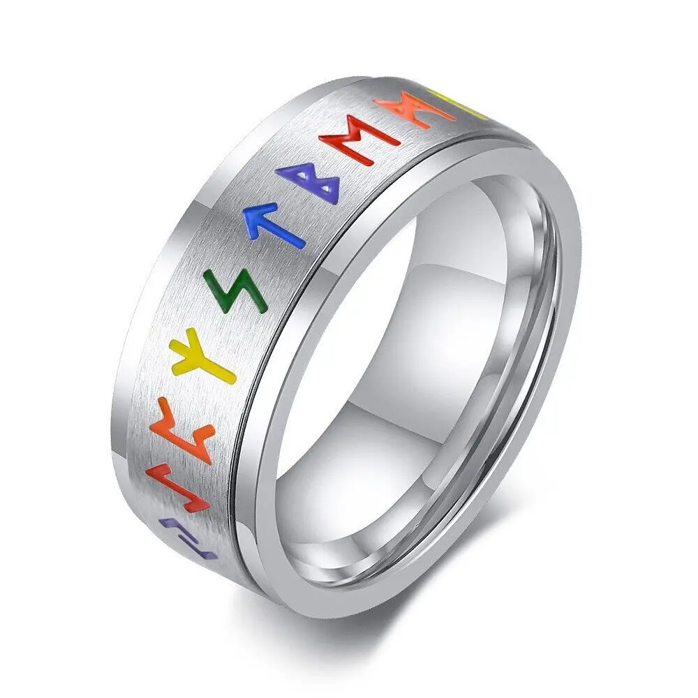 Titanium Steel Rotating Ring Men Silver Tribal Viking Totem Celtic Rune R31