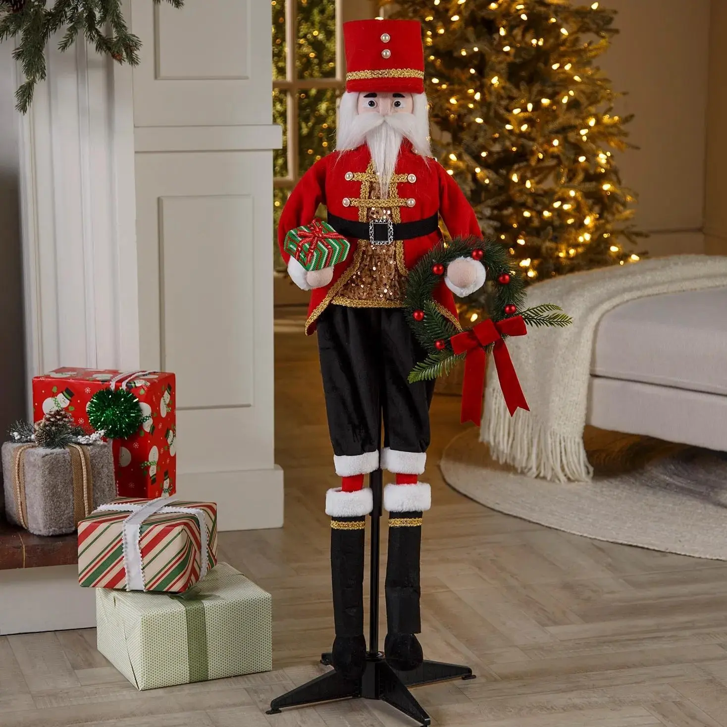 46 Inch Animated Standing Nutcracker Christmas Decoration with Wreath