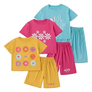 6-Pack #SummerVibes Girls' Summer Love Heart Print Vacation T-Shirt & Sunflower Flowers Dolphin Shorts Tracksuit Set for Sports, Casual, Dance