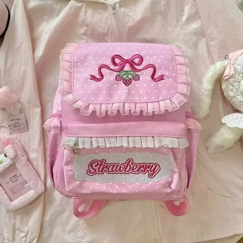 Sweet Cute Strawberry Fruit Embroidery Lace Patchwork Backpack Women Preppy Style Waterproof Nylon School Backpack for Girl
