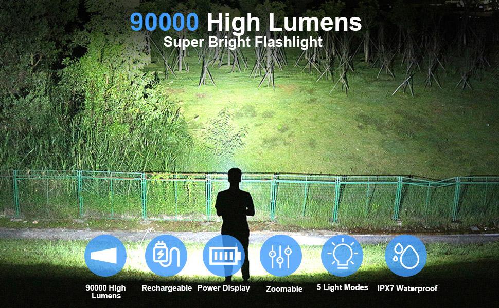Rechargeable Flashlights 90000 High Lumens - 2 Pack, Super Bright 12 Hours Long Life LED Flashlight with 5 Modes, High Powered Flash Light for Home, Outdoor Rechargeable Flashlights 90000 High Lumens - 2 Pack, Super Bright 12 Hours Long Life LED Flashlight with 5 Modes, High Powered Flash Light for Home, Outdoor