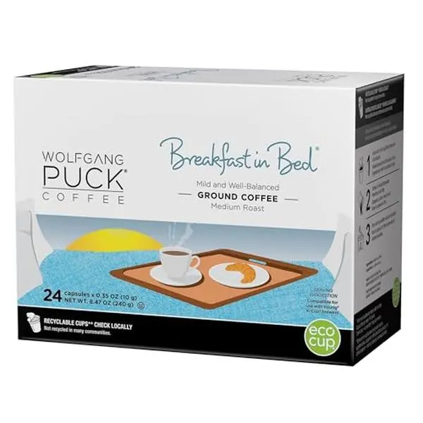 Wolfgang Puck Coffee Single Serve Capsules, Medium Roast, Compatible with Keurig K-Cup Brewers, Breakfast in Bed, 24 Count
