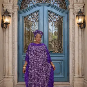 Zenny Elegant Classic Bubu Gown in Purple with Leaf Pattern and Long Sleeves